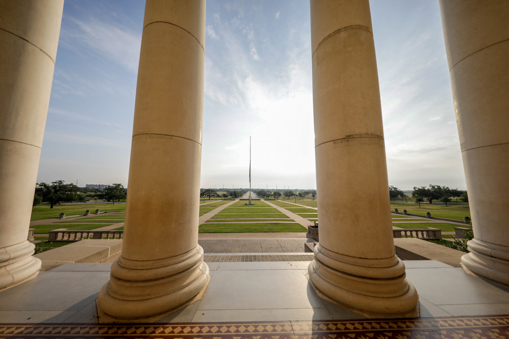Looking out from between the columns of the Jack K Williams Administration building